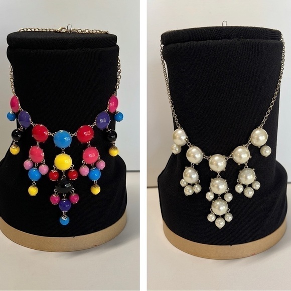 𝅺two cluster dangling statement necklaces silver and gold tone white and multi - Picture 1 of 4